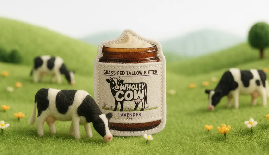 Wholly Cow Tallow product page design showing product details and purchase options